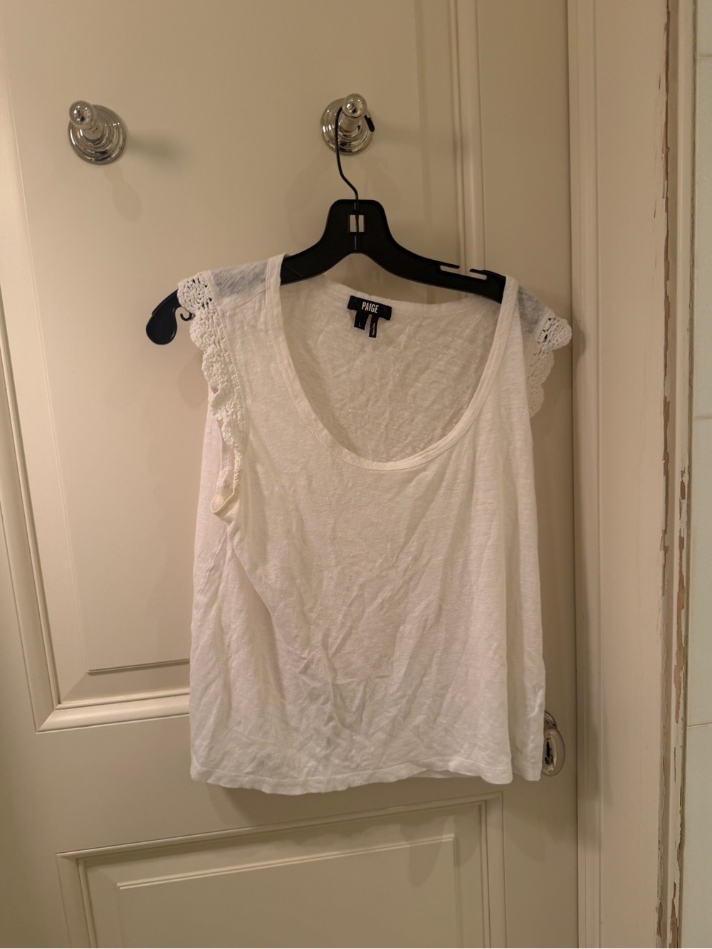 PAIGE White Lace-Trim Sleeveless Linen Blend Tank